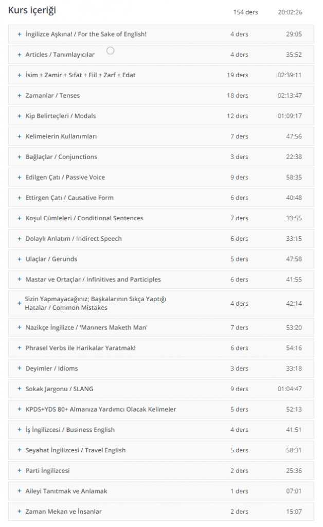 ingilizce kursu 2019 içeriği